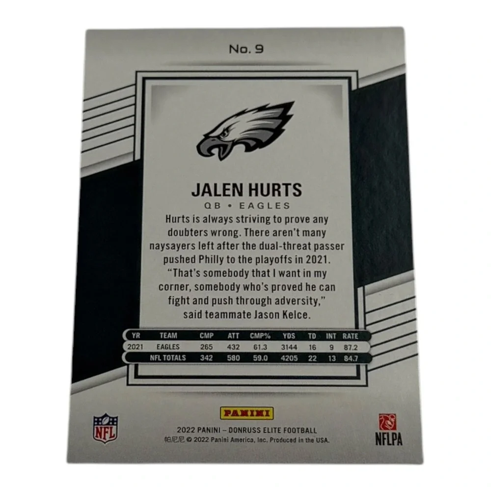 2022 Panini Donruss Elite Jalen Hurts Philadelphia Eagles Football Card‎ No. 9